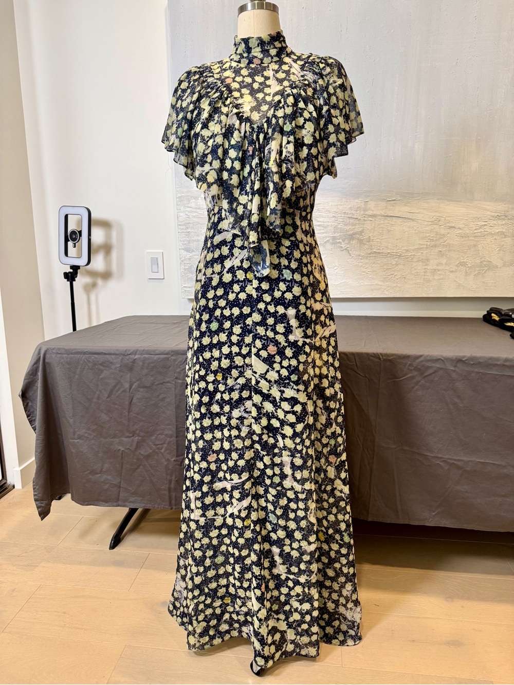 Preen Runway Floral Ruffle Maxi Dress in Navy and Cream